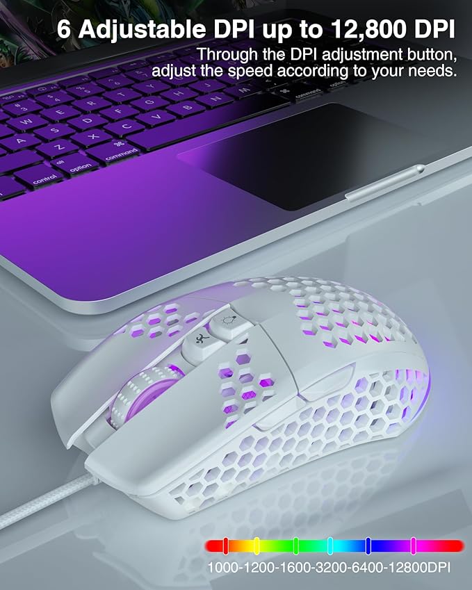 SM900 White Wired Gaming Mouse with Honeycomb Shell,12800 DPI,7 Programmable Buttons,Lightweight Gaming Mice Ergonomic Computer Wired Mouse Gaming for Win/PC/Mac/Laptop Gamer