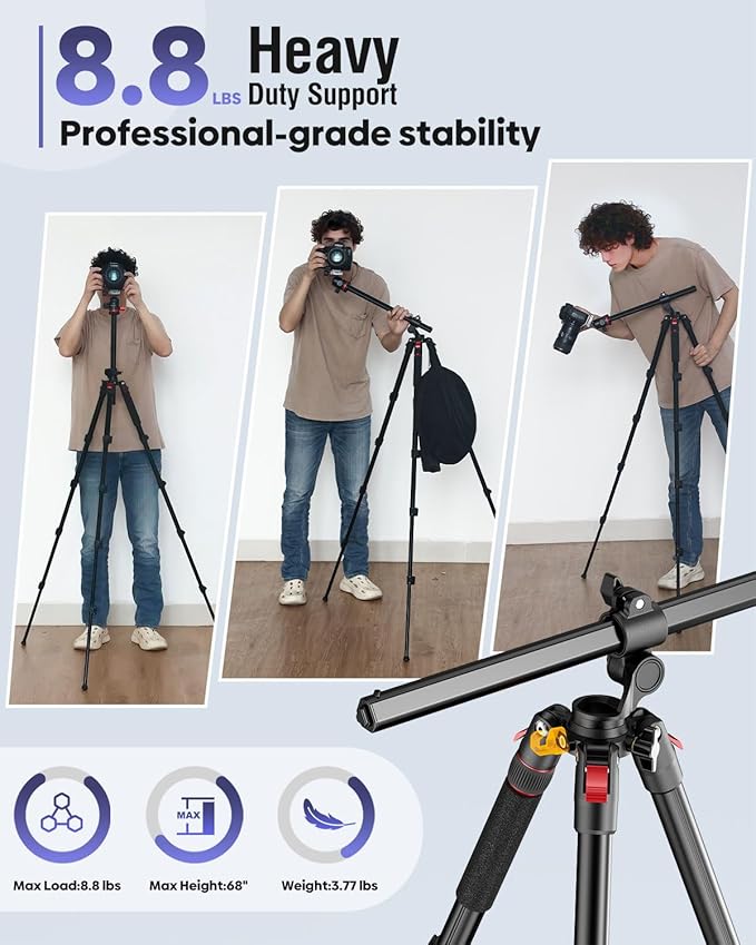 68" Horizontal Overhead Tripod for Camera, Aluminum Camera Tripod with Ball Head for Macro & Overhead Shooting, Detachable Monopod, 1/4" Arca QR Plate, 33lb Load Capacity