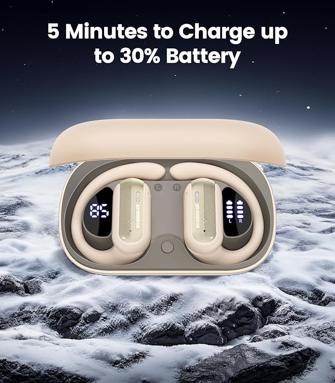Open Ear Wireless Headphones, 40H Playtime Bluetooth Earbuds with Fast Charging, LED Digital Display, Ergonomic Earhooks, IPX7 Waterproof Earphones for Running, Workout Beige