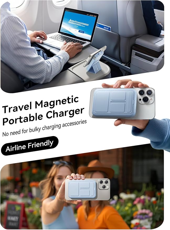 Magnetic Portable Charger, 10000mAh Wireless Power Bank with 20W USB-C Fast Charging, Foldable Stand & LED Display Magnetic Battery Pack, Compatible with iPhone 16/15/14, Sky Blue