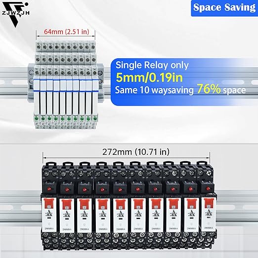 20Pcs Miniature Power Relay DC24V HF41F/24-ZS 1NO 1NC 6A SPDT with LED Indicator with Socket Base 41F-1Z-C2 with DIN Rail UL Certification