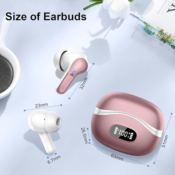 Wireless Earbuds, Bluetooth Headphones 5.4 HiFi Stereo, Ear Buds with 4 ENC Noise Cancelling Mics, 48H Bluetooth Earbuds with Dual LED Display, IP7 Waterproof Earphones for Android iOS, Rose Gold