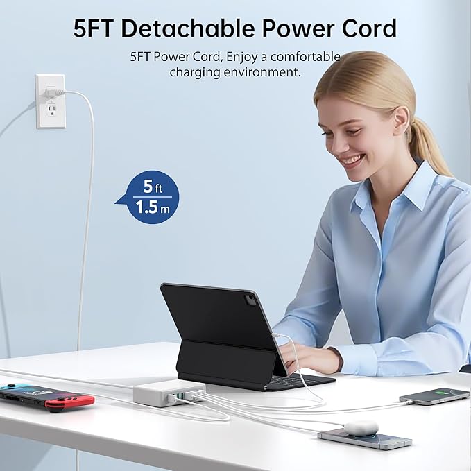 USB Charger Block, 100W 8 Port USB Charging Station for Multiple Devices, QC 18W Fast Charging Hub Power Strip Adapter for iPhone 17 16 15 14 13, iPad Pro, Galaxy, Note, LG HTC and More, 5ft Cord