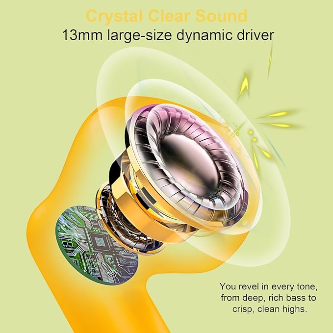 Wireless Earbuds, Bluetooth 5.4 Earbuds Stereo Bass, Bluetooth Headphones in Ear Noise Cancelling Mic, Earphones IP7 Waterproof Sports, 32H Playtime USB C Charging Case Yellow Ear Buds for Android iOS
