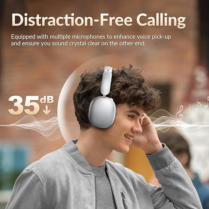 Y02 Active Noise Cancelling Headphones,60H Battery,5 EQ Music Modes,Hi-Res Audio,Deep Bass,Foldable Wireless Over Ear Bluetooth 5.4 Headset,Breathable Leather Earpads (Silver)