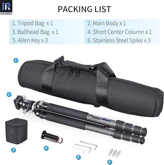 INNOREL Carbon Fiber Camera Tripod GT254C Professional Compact Portable Tripod for DSLR Camera Lightweight Camera Stand with Low Gravity Center Ballhead Special-Shaped Center Column Load 33.1lb/15kg