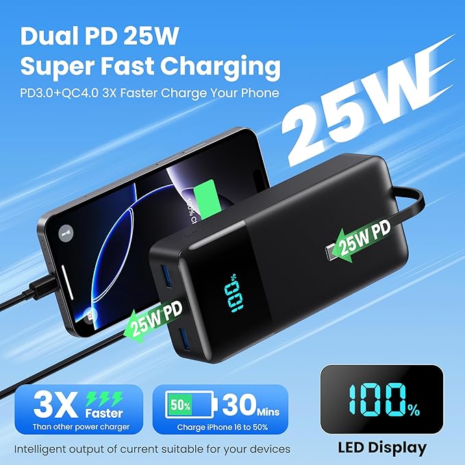 Portable Charger 50800mAh Power Bank with 3 Built in Cables,25W PD QC4.0 Fast Charging USB C Battery Pack,6 Outputs 2 Inputs LCD Display Portable Phone Charger for iPhone 16/15/14,Galaxy,Android etc