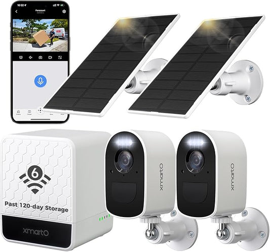 xmartO 4MP QHD WiFi6 Dual-Band Wireless Solar-Powered Indoor & Outdoor Home Security Camera System (Long Range WiFi, Free 64GB Loop Storage, No Monthly Fee, 2-CAM Kit)