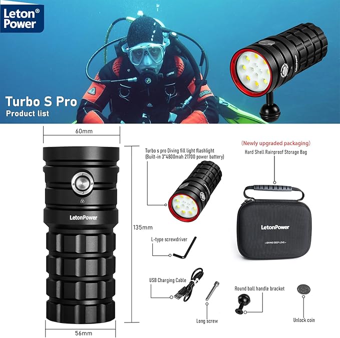 Turbo S Pro Dive Light, 13000Lumens 100m Underwater Video Light,Diving Flashlight,Waterproof Flashlight with Type-C Charging for Professional Under Water Sports