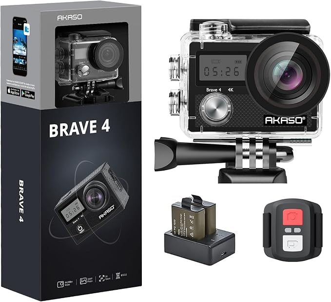 AKASO Brave 4 Action Camera 4K 30fps Ultra HD WiFi Sport Cameras with 170° FOV, Image Stabilization, 131FT Waterproof Underwater Camera with 2x1050mAh Batteries, Bicycle Accessories Kit