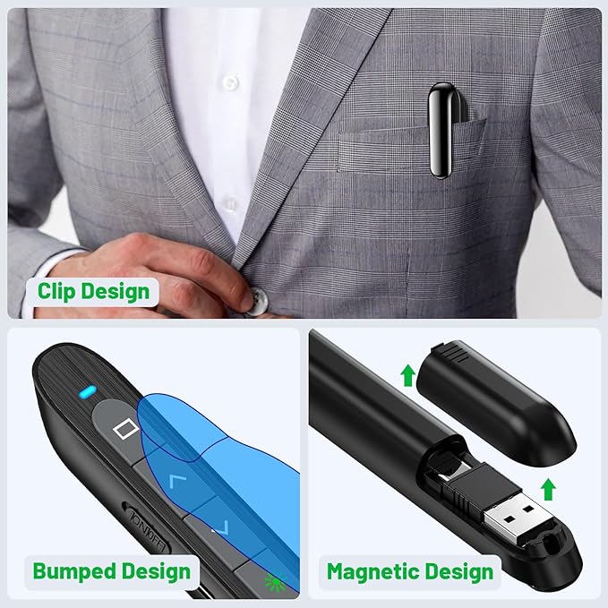 Presentation Clicker for Powerpoint with Green Light Pointer, 2-in-1 USB Type C Rechargeable Wireless Clicker with Hyperlink Volume Control, Pointer for Presentations Support Mac Windows