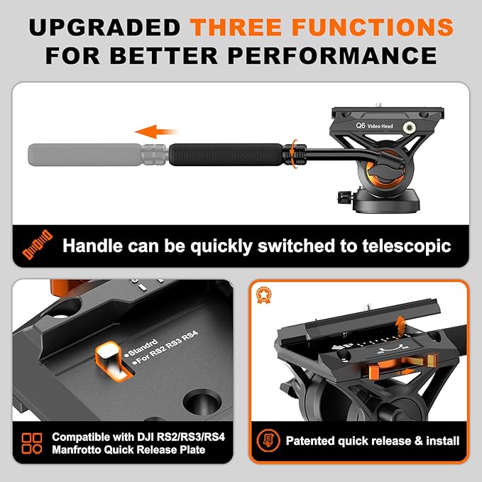 Professional Camera Monopod with Feet, 73.2 inch Aluminum Portable Travel Video Monopod with Removable Tripod Stand Base, Max Load 22 Lbs, New Q6 Fluid Head for DJI RS4 Manfrotto