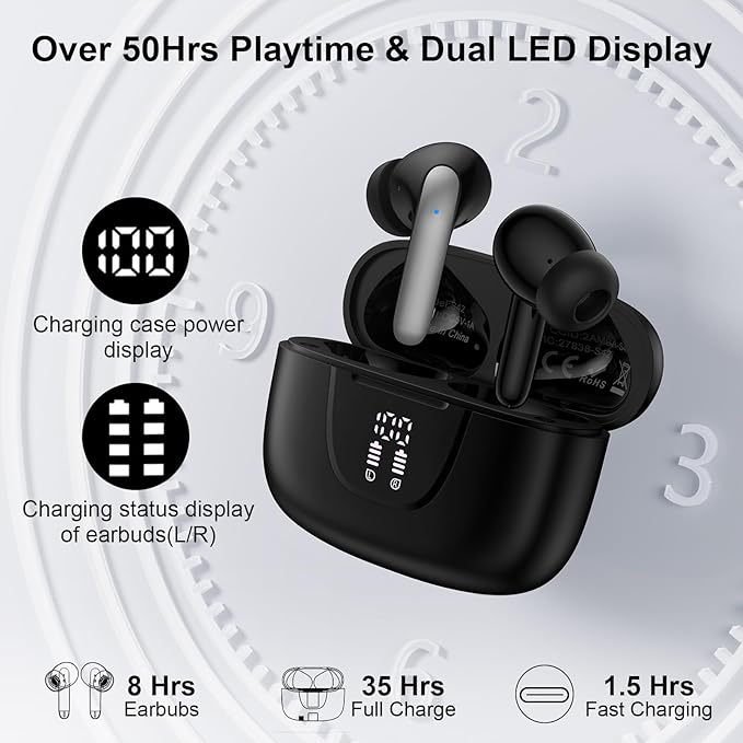Wireless Earbuds Bluetooth 5.3 in Ear Headphone for Samsung Galaxy S25 Ultra S24 S23 S22 S20 A16 A15 60H Playback LED Power Display IPX7 Waterproof Sports in Ear Earphone with Mic for iPhone 17/16/15
