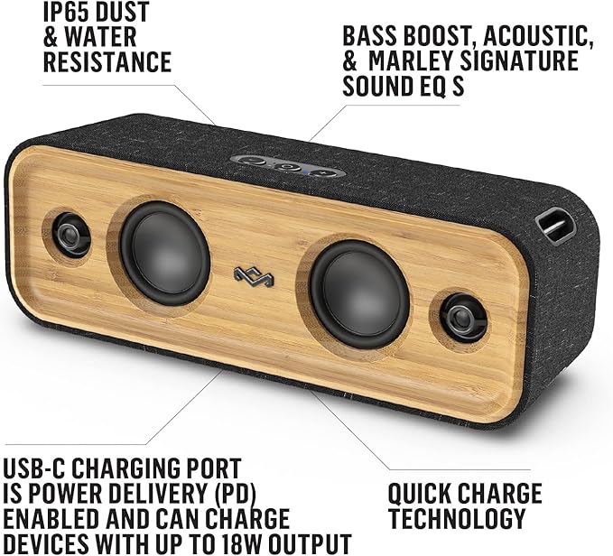 House of Marley Get Together 2: Portable Speaker with Wireless Bluetooth Connectivity, 20 Hours of Playtime and Sustainable Materials, IP65 Dust and Water Resistance, Signature Black