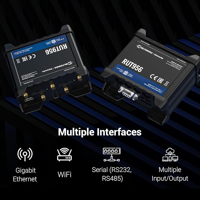 Teltonika RUT956 Industrial Cellular WiFi Router - 4G LTE (CAT 4), 3G, 2G Connectivity - Multiple Interfaces with GNSS Capabilities - Auto WAN Failover, Dual SIM Internet Router (TELRUT956A00A00)