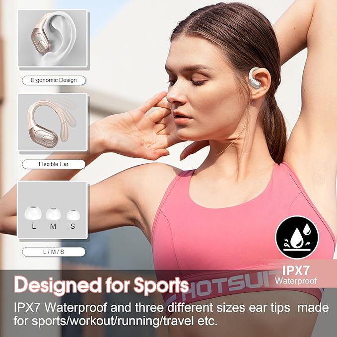 Wireless Earbuds 75hrs Bluetooth 5.4 Headphone Sport, 2025 Bluetooth Earbuds Stereo Deep Bass Over Ear Bud with Earhooks, ENC Noise Cancelling Mic, IPX7 Waterproof Earphone Rose Gold
