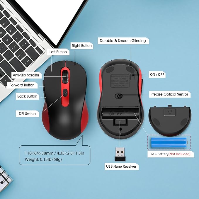 Wireless Mouse for Laptop, PC, Chromebook, Mac, MacBook, Silent Mouse with USB Nano Receiver, Side Button, 2400 DPI, Anti Slip Roller, 6 Button Ergonomics Cordless Computer Mice - Black Red