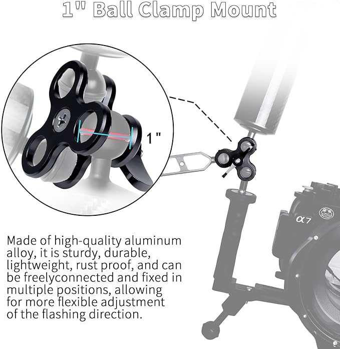 3-Hole 1" Aluminum Underwater Camera Clamp Ball Mount (2-Pack) - Underwater Bracket for Diving Light Arms & Camera Trays, Saltwater-Resistant Adapter for Scuba Photography/Videography Gear