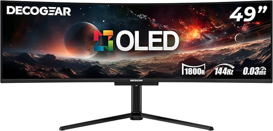 Deco Gear 49" QD-OLED Curved Ultrawide Gaming Monitor w/ 5120x1440, 144Hz, HDR400 True Black, 0.03ms, AdaptiveSync Premium, 100% sRGB, HDMI 2.1, 90W USB-C, Built-in Speakers, Height Adjustable Stand