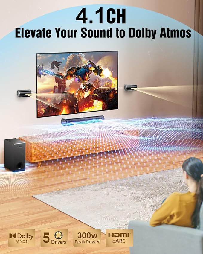 Hiwill 4.1ch Sound Bar with Dolby Atmos, 300W Sound Bar for Smart TV with Subwoofer, 2 Front Surround Speakers, Soundbar for TV Speaker, Adjustable Bass, Surround Sound System for TV, HiElite A41