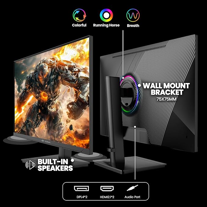 CRUA 27'' Gaming Monitor 360HZ 2k 1440P 120%sRGB IPS Computer Display Screen, Height/Pivot/Swivel/Tilt Adjustable Vertical Monitor Support FreeSync,Built in Speaker, PIP&PBP, DP1.4&HDMI2.1, Wall Mount