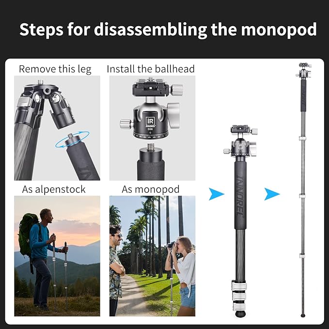 INNOREL KT254CF Carbon Fiber Tripod Professional Portable Compact Travel Tripod for Digital DSLR Camera Stand Support with Adjustable Center Column 1.01in/25.6mm Tube Max Load 33lbs/15kg
