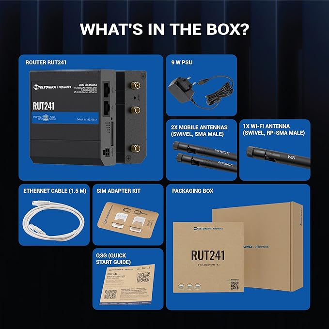 Teltonika RUT241 Industrial Cellular WiFi Sim Router - 4G LTE (Cat 4), 3G Connectivity - Wireless Access Point with Hotspot Functionality - RMS Compatible, Automatic WAN Failover (TELRUT241098000)