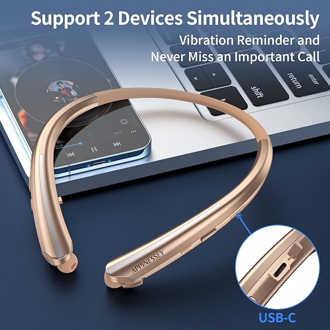 Bluetooth Retractable Headphones Wireless Neckband Headset with Sweatproof Stereo Earbuds for Running/Sports/Driving/Workouts (Rose Gold)