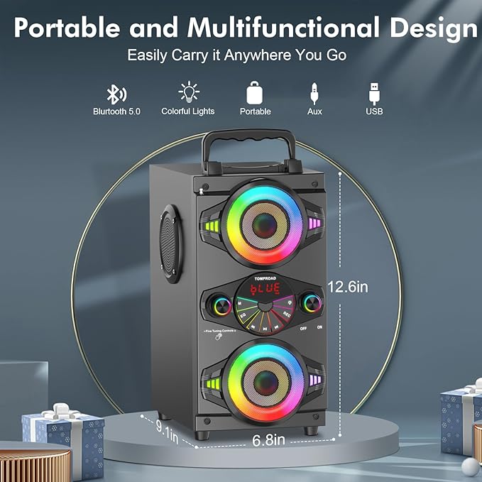 Portable Bluetooth Speakers 60W Big Powerful Wireless Loud Stereo Bass Sound Boombox Home Party Speaker with Subwoofer, FM Radio, LED Colorful Lights