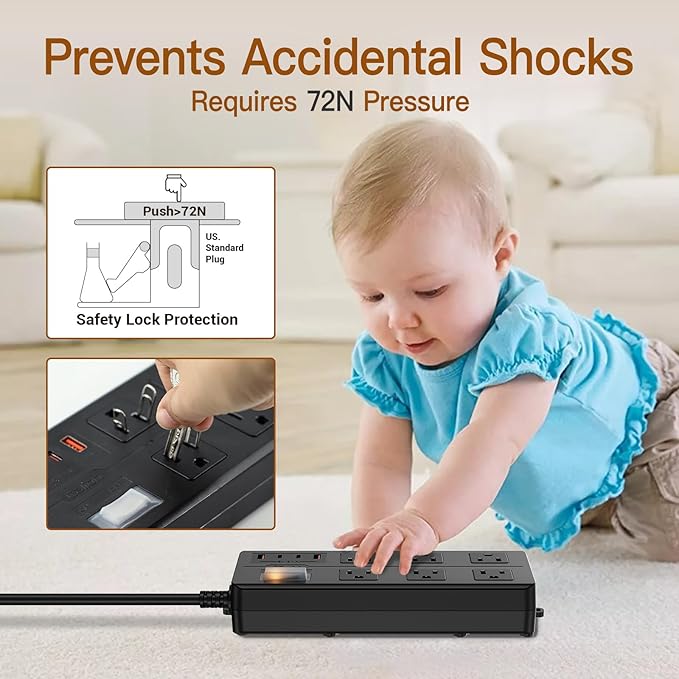 VNJ Outdoor Power Strip with 6AC Outlets + 4USB Ports, IPX6 Waterproof Surge Protector, Safety Lock Design and ETL-Certified Cables, 15FT Extension Cord for Home, Garden, and Commercial Use