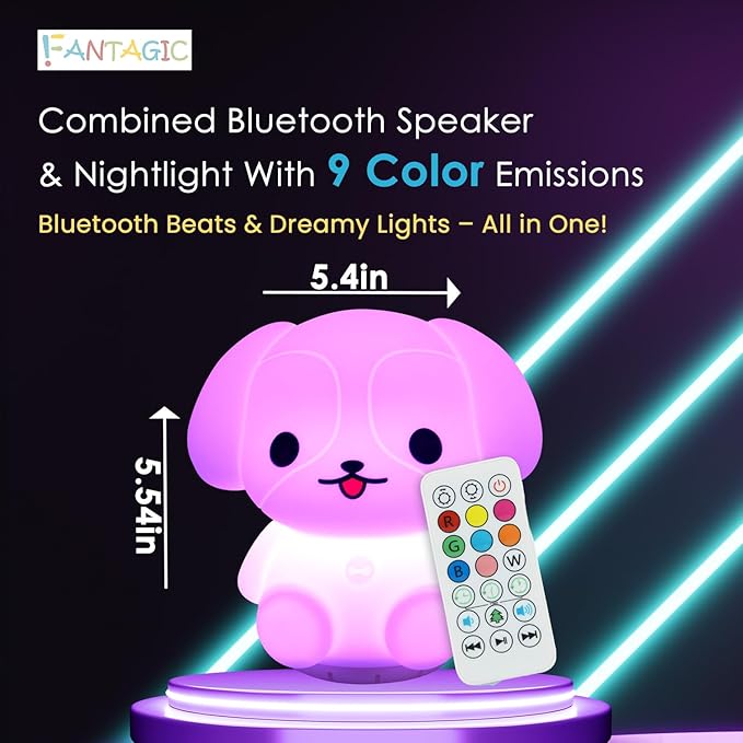 Combined Bluetooth Speaker & Nightlight With 9 Color Emissions, Child Friendly Silicone & BPA Free, USB Recharging, Receives Audio From Computer, Phone Or Tablet, and includes Remote Control (Dog)