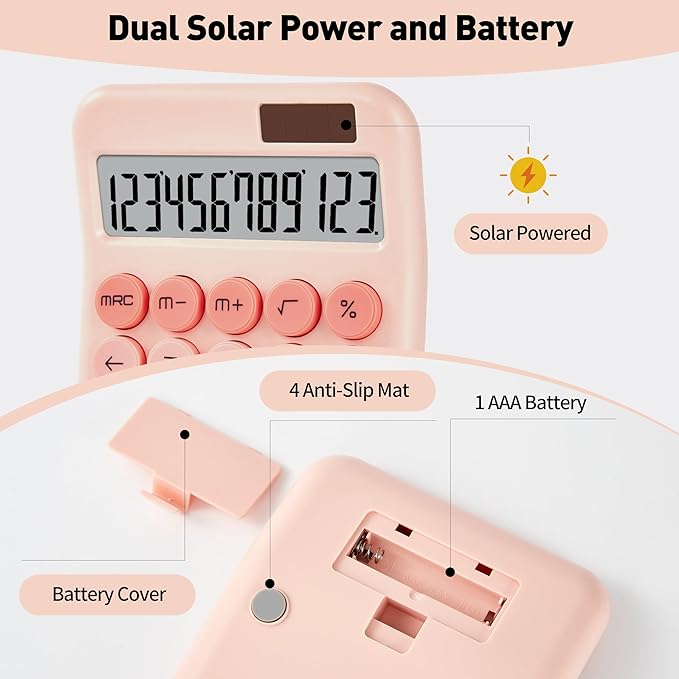 Small Desktop Calculator with LCD Large Display and Sensitive Button, Dual Solar and Battery Powered with Automatic Sleep Basic Cute Calculators for Office, School and Business (Pink)