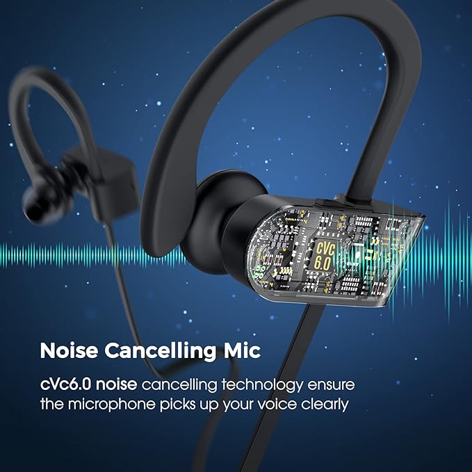Bluetooth Headphones, Deep Bass Wireless Running Headphones w/16 Hrs Playtime, Bluetooth Earbuds in-Ear w/Earhooks, IPX7 Waterproof Sports Earphones with Microphone for Calls