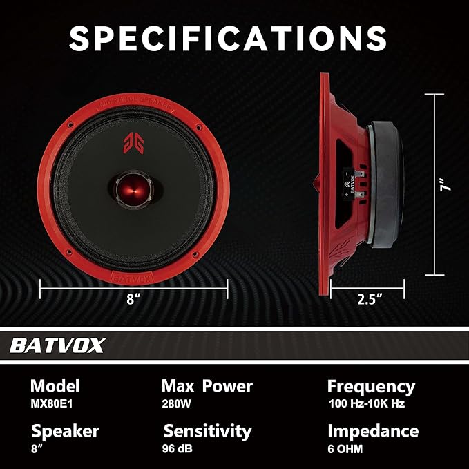 MX80E1 Midrange Loudspeaker 8" Red Bullet, 560W Max, 6 Ohms, Premium Quality Audio Door Speakers for Car or Truck Stereo Sound System, Red (2 Speaker)