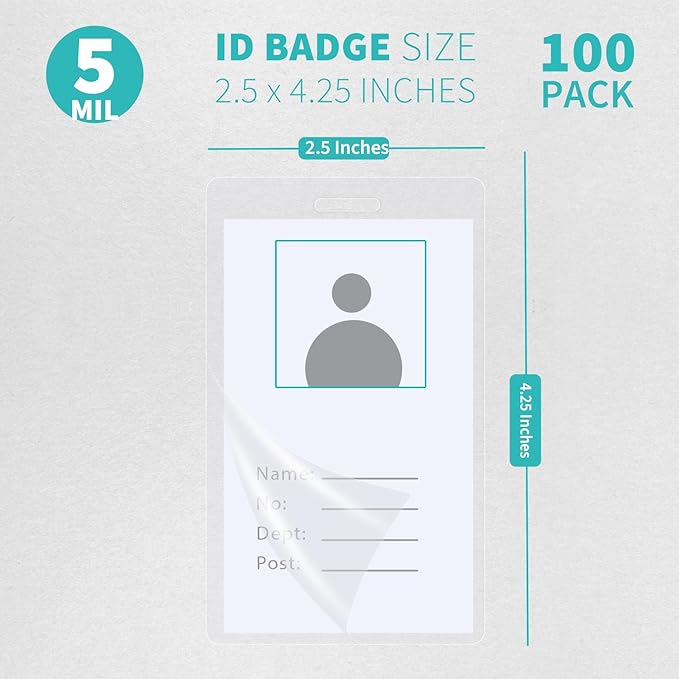 Binditek 100 Pack 5mil Thermal Laminating Pouches, 2.5 x 4.25 Inches Laminating Sheets with Hole, ID Badge Without Clip, Ultra Clear, HeatSeal, Glossy, for Students and Coworkers