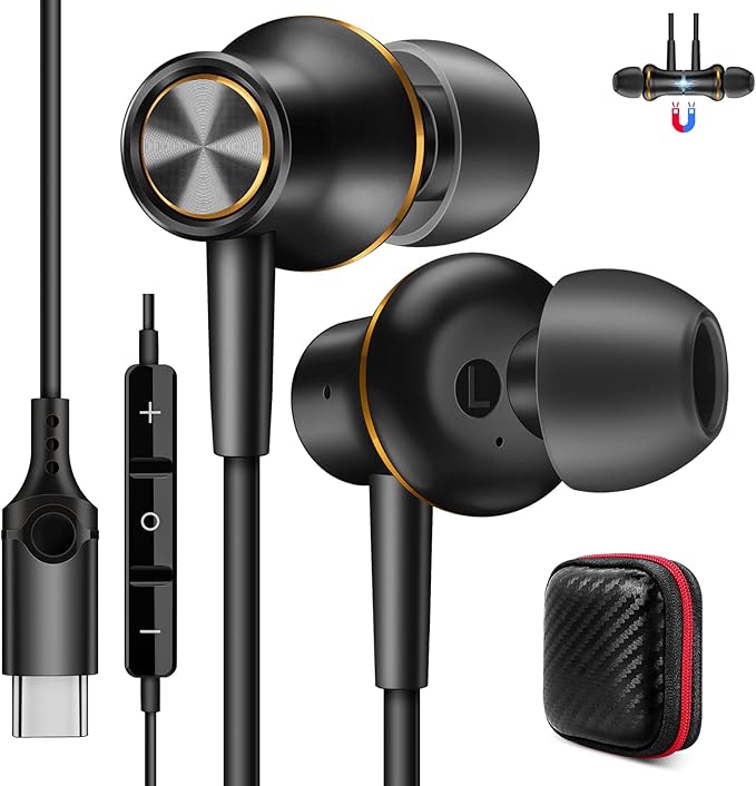 COOYA USB C Headphones for Samsung Z Fold Flip 7 S25 Ultra A16 Magnetic Wired Earbuds HiFi Stereo Type-C in-Ear Earphone w/Remote & Mic for iPhone 17 16 Pro iPad 10 Pixel 9 8 School Chromebook Laptop