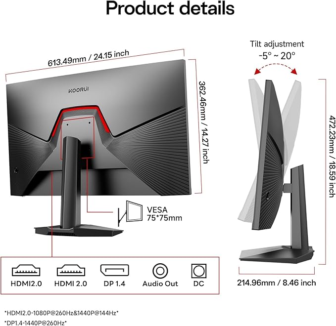 KOORUI 27 inch Gaming Monitor QHD (2560x1440),1440P,260Hz Refresh Rate,IPS Panel, 3-Sided Frameless,Adaptive Sync, VESA, Support DP & HDMI