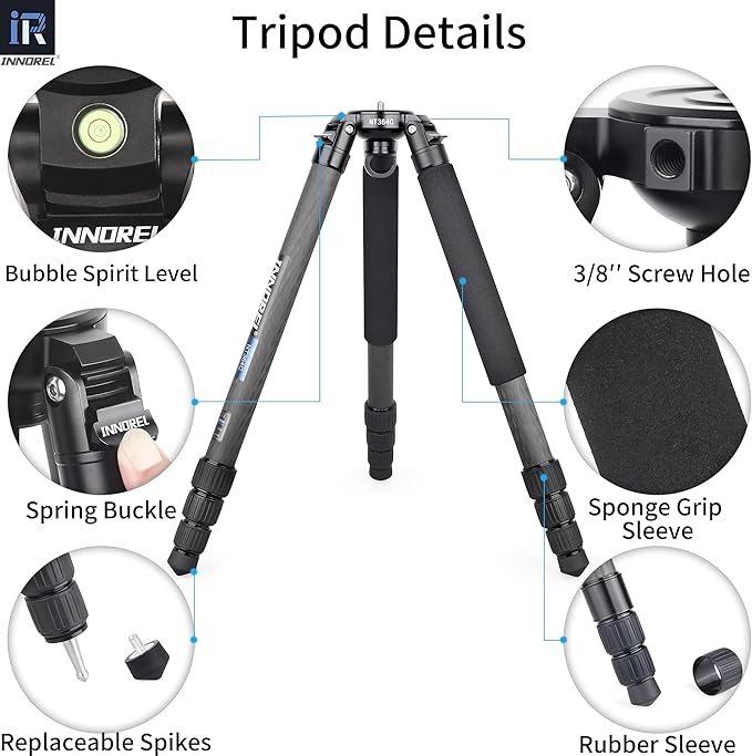 Carbon Fiber Tripod INNOREL NT364C Professional Birdwatching Heavy Duty Camera 25kg/55lb max Load Bowl Tripod Birdwatching Camera Stand (Max Tube 36mm, Only Tripod)