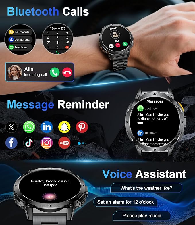 LIGE Smart Watches for Men with LED Flashlight/Call, 1,62'' HD AMOLED Screen 730mAh Military Smartwatches with 110+ Sports, 3ATM Fitness Tracker with 24/7 Heart Rate/Sleep for iOS Android, Black