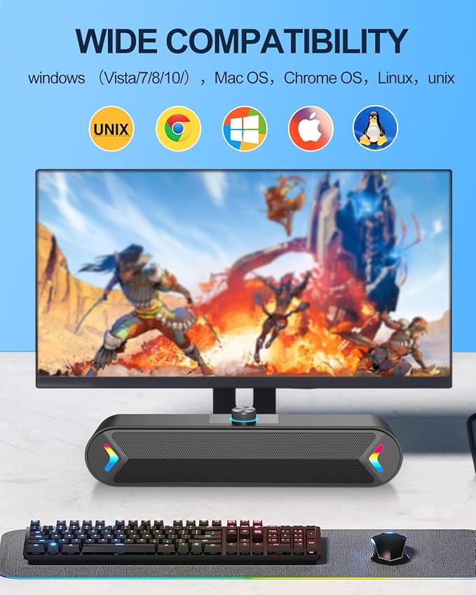 LENRUE USB Computer Speakers for Desktop, 10W PC Speakers for Desktop/Laptop/Tablet/Monitor, Single-Wired USB Soundbar Speaker,Plug-n-Play,No Sound Delay(NO 3.5mm AUX Plug)