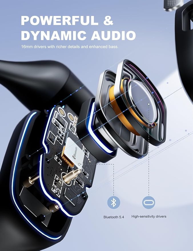 Bluetooth Headphones, Open Ear Headphones V5.4 Ture Wireless Earbuds with Earhooks, 6.7g Lightweight for All-Day Comfort, IPX7 Waterproof Ear Buds for Workouts Running Office Driving