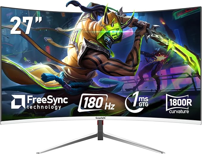 27 Inch PC Computer Screen,1800R Curved Gaming 180Hz Monitors, FHD1080p 1ms Without Bezel, freesync, 98% sRGB,178 ° Angle View HDMI DisplayPort, Compatible with Wall-Mounted100*100MM-White
