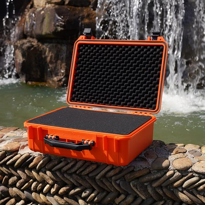 MEIJIA Portable All Weather Waterproof Protective Case,Hard Case,Camera Case With Customized Fit Foam,Fit Use of Drones,Camera,Equipments,Pistols,13.35 x11.63x5.98inches (Orange)
