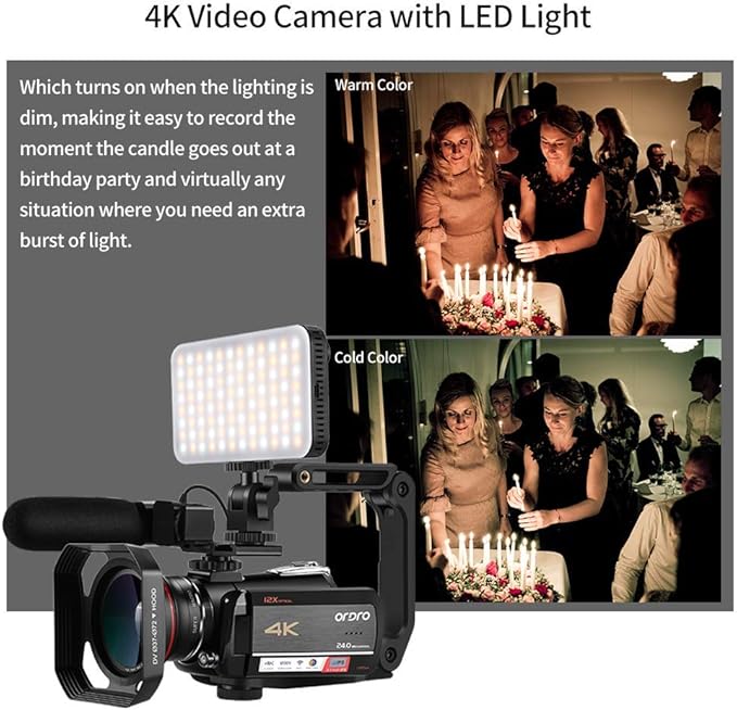 ORDRO AC5 Plus 4K Video Camera Camcorder, UHD Professional Camcorder 4K with 12x Optical Zoom, YouTube Video Camera for Filming with Mic, Video Light, Wide Angle Lens 64G Card and 2 Batteries