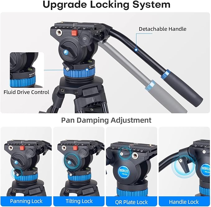 SIRUI AM-25S Video Tripod, 74.8" Professional Heavy Duty Tripod with Adjustable Damping Fluid Head for Camcorder, Cameras, DSLR, 360° Pan & +90°/-75° Tilt, Quick Release Plate, Max Load 22.0lb