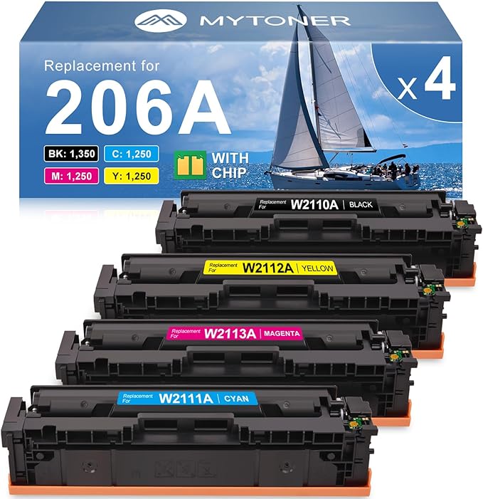 MYTONER 206A Toner Cartridges 4 Pack (with Chip) Compatible Replacement for HP 206A 206X for Color Pro MFP M283fdw M283cdw M282nw Pro M255dw M255nw M283 M255 M282 Printer W2110A W2110X High Yield