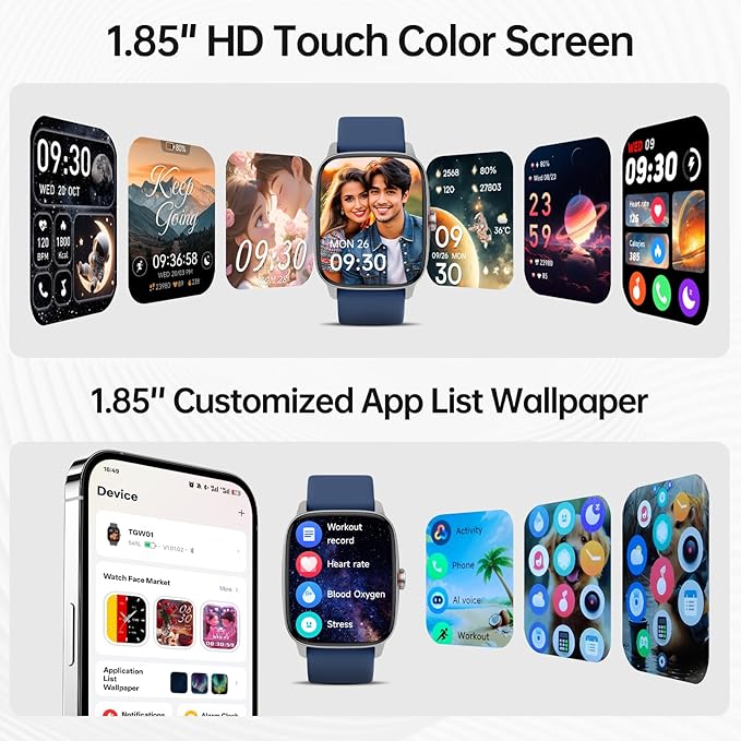 Smart Watches for Women Men with Bluetooth Call & AI Voice, 1.85" HD Fitness Tracker with Heart Rate SpO2 Sleep Monitor, 100+ Sports Modes Mini Games, IP68 Waterproof Smartwatch for Android iOS Phones