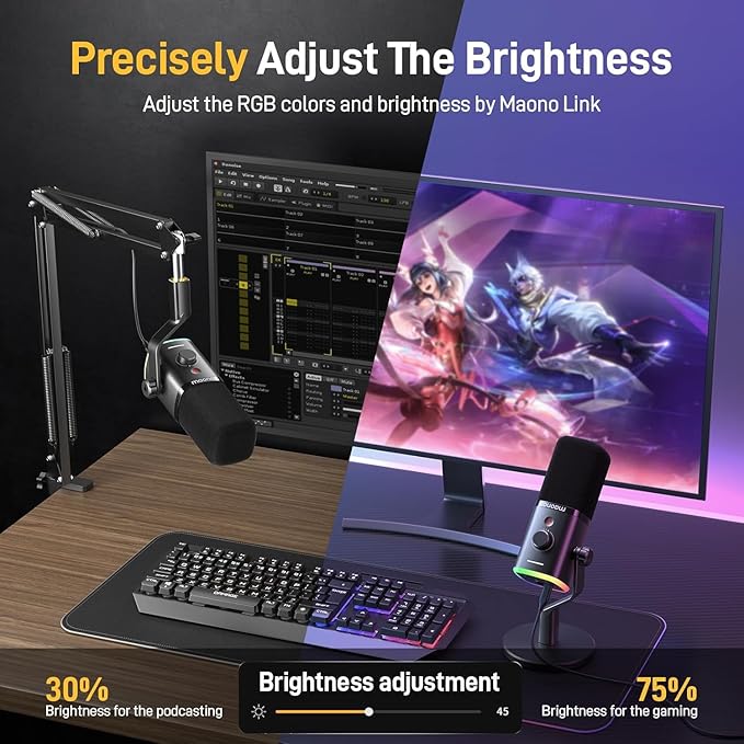 MAONO XLR/USB Gaming Microphone Kit: Dynamic PC Mic for Streaming Podcasting, Software Support, Mute Button, Gain Control, RGB Computer Mic with Boom Arm Stand, for Recording, PS4/PS5, PD100XS Black