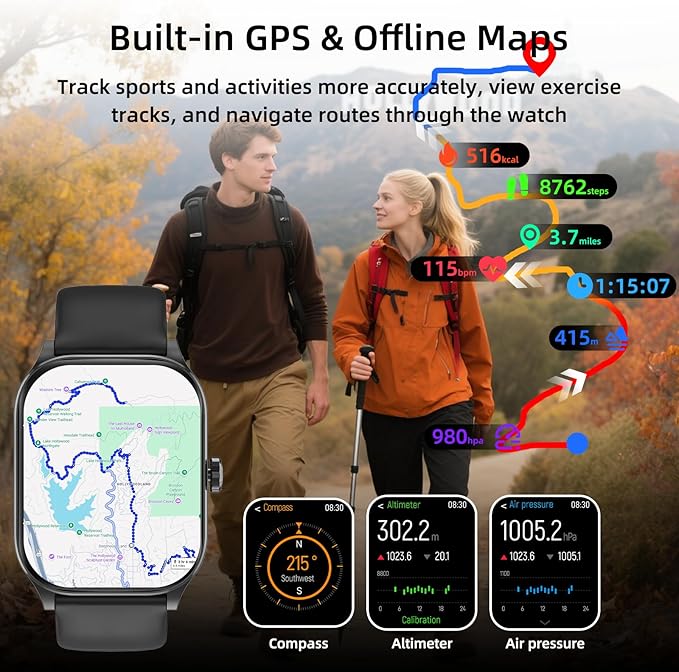 Smart Watch with AI (Built-in GPS + Map), 1.96" HD Fitness Tracker for Men Women, 100+ Sports Modes, Call/Reply/Notification, 24/7 Heart Rate & Sleep Monitor, Waterproof Smartwatch for Android iPhone