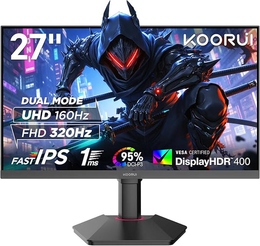 KOORUI 27 Inch Gaming Monitor, 3840 * 2160p Monitor, Dual Mode(UHD 160Hz / FHD 320Hz), IPS Panel, 95% DCI-P3, HDR400, Eye-Care, Height/Pivot/Tilt Adjustability, VESA Mountable，HDMI/DP, G2741L